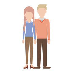 faceless couple colorful silhouette and her with blouse long sleeve and pants and heel shoes with braid and fringe hairstyle and him with sweater and pants and shoes with side parted hairstyle
