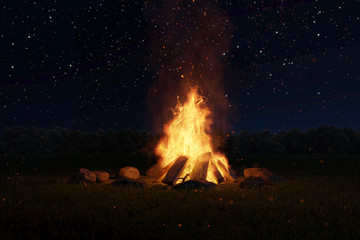 Lagerfeuer mit Steinen umringt vor Sternenhimmel  bei Nacht. 3D Rendering