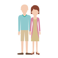 faceless couple colorful silhouette and him with t-shirt long sleeve and short pants and shoes with high fade haircut and her with blouse and jacket and skirt and heel shoes with short hair