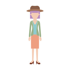 faceless woman with hat and blouse with jacket and skirt and heel shoes with mushroom hairstyle in colorful silhouette