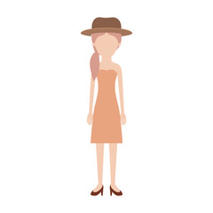 faceless woman with hat and strapless dress and heel shoes with pigtail hairstyle in colorful silhouette
