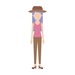 faceless woman with hat and t-shirt sleeveless and pants and heel shoes with long straight hair in colorful silhouette