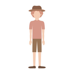 faceless man with hat and t-shirt and short pants and shoes with curly hair in colorful silhouette