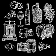 Vector hand drawn set of wine, cheese, grapes, barrels and wine press in the engraving style isolated on black background.