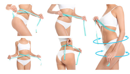 Set of attractive slim young woman in underwear measuring her body on white background, closeup