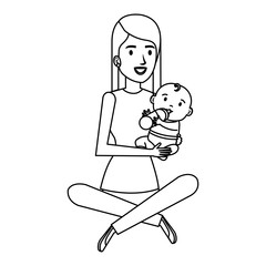 mother lifting little baby character