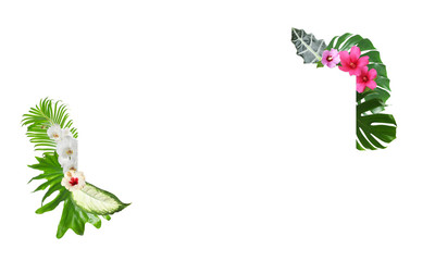 Naklejka premium Frame made of beautiful tropical leaves and flowers on white background, top view