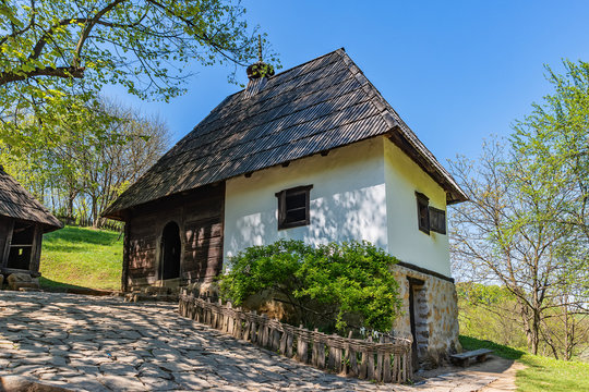 Trsic, Serbia - April 21, 2019: Part of the household where Vuk Stefanovic Karadzic was born. He was a Serbian philologist and linguist who was the major reformer of the Serbian language.