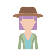 faceless woman half body with hat and blouse with jacket with mushroom hairstyle in colorful silhouette