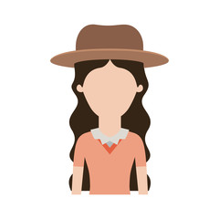 faceless woman half body with hat and blouse with long wavy hair in colorful silhouette