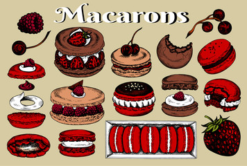 Vector illustration of sketch hand drawn set of macarons. Pastry macaron with berries, chocolate, fruits, cherry, strawberry. Dessert, macaroon, sweets, red velvet cake, menu design, restaurants, shop