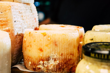 closeup of various cheeses 