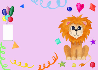 Cute greeting card for kids with lion. birthday invitation with place for text with pink background.