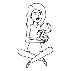 mother lifting little baby character