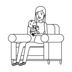 mother lifting little baby seated in sofa