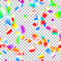 Abstract seamless pattern of flying shiny colored confetti and pieces of serpentine, isolated on transparent background