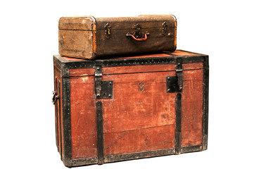 Old retro wooden chest and vintage grunge suitcase isolated on white background