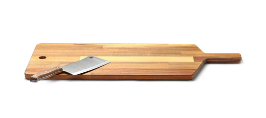 Stainless steel cleaver knife with wooden handle on board against white background