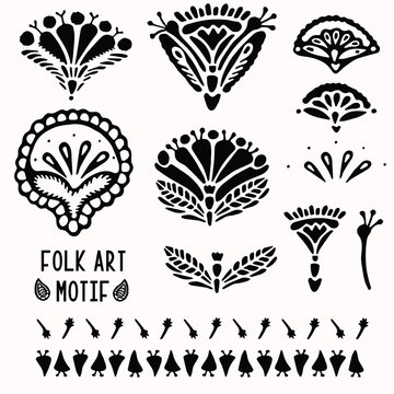 Ornamental folk art elements for design collection. Hand drawn