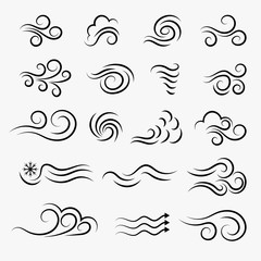Wind weather and environment, nature icon set. Natural movement of the air symbols. Vector line art illustration isolated on white background. - obrazy, fototapety, plakaty