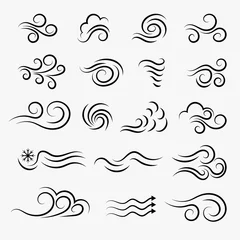 Fotobehang Wind weather and environment, nature icon set. Natural movement of the air symbols. Vector line art illustration isolated on white background. © Gvais