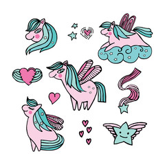Set of cute pink pony smiling. Funny cartoon characters for children. beautiful illustrations. Happy drew for your design. Beautiful cartoon elements. Heart, stars. Fairytale character.