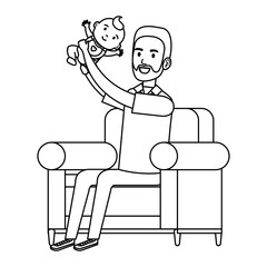 father lifting little baby in the sofa characters