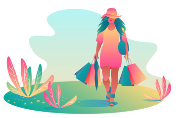 A happy young woman in a dress and a hat carries on sale a lot of shopping bags in bright packages on the lawn of the summer sun. Template, colorful gradient flat design, vector illustration
