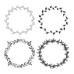 Hand Drawn Set of Floral Frames. Round Frames with herbs and leafs