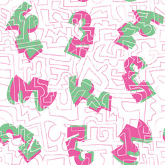 Vector hand drawn doodle art pink, green seamless pattern on white background. Perfect graphic design elements, wallpaper, scrapbooking, poster, or fabric print.