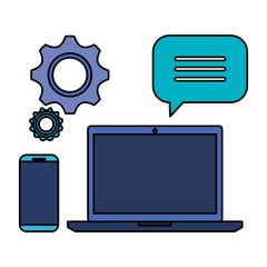 laptop computer with smartphone and gears