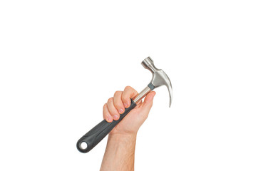 Tool. Hand is holding hammer on a white background .