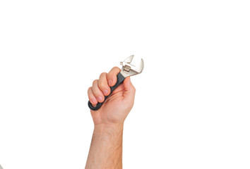Tool. Hand is holding adjustable wrench on white background.