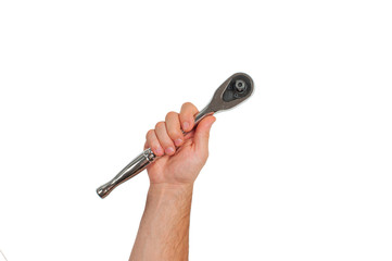 Tool. Hand is holding socket wrench on white background .