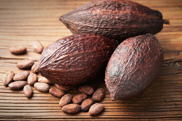 dried cacao pods on the old wooden board