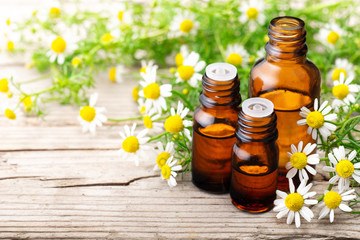 Obraz na płótnie Canvas Chamomilla essential oil in the amber bottle, with fresh flowers, on the old wooden board