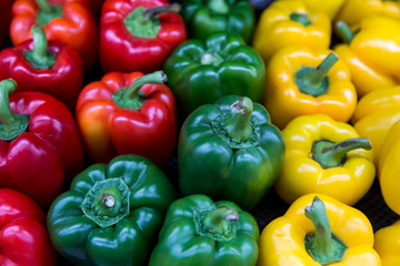 Red and yellow and Green sweet peppers. Pile Three sweet peppers on a wooden background, Cooking vegetable salad . Colorful sweet bell peppers, natural background.