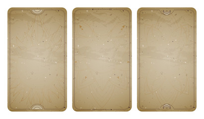 Vector set of three vintage backgrounds with geometric symbols and frames. Abstract geometric symbols and sacred mystic signs drawn in lines.