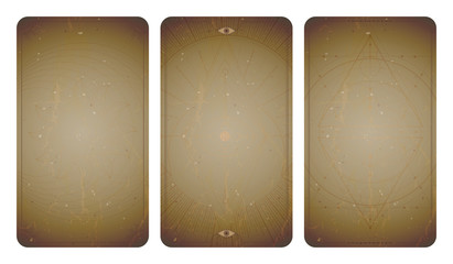Vector set of three vintage backgrounds with geometric symbols and frames. Abstract geometric symbols and sacred mystic signs drawn in lines.