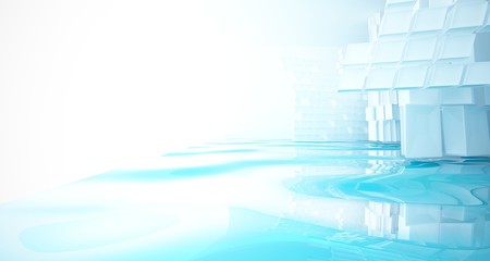 Abstract white and blue water parametric interior with window. 3D illustration and rendering.