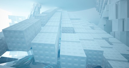 Abstract white and blue water parametric interior with window. 3D illustration and rendering.