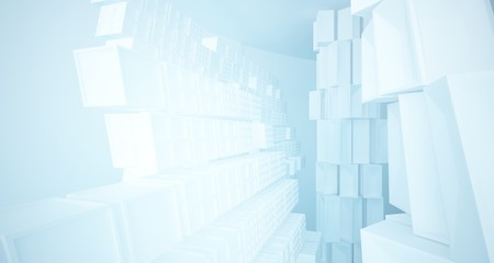 Fototapeta premium Abstract white and blue water parametric interior with window. 3D illustration and rendering.