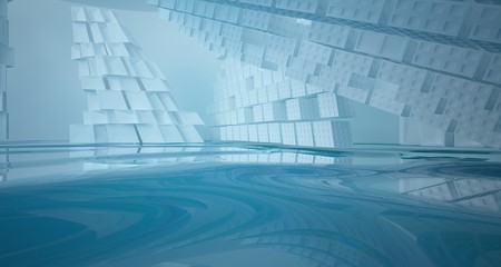 Abstract white and blue water parametric interior with window. 3D illustration and rendering.