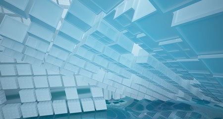 Obraz premium Abstract white and blue water parametric interior with window. 3D illustration and rendering.