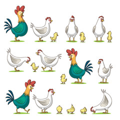 Collection of cute cartoon chicken. Isolated on white background.