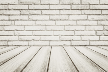 Vintage white brick wall and wood floor background and texture