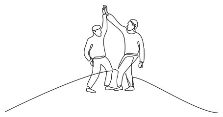 continuous line drawing of two travelers giving high five on mountain top
