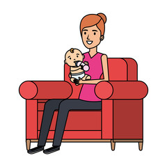 mother lifting little baby seated in sofa