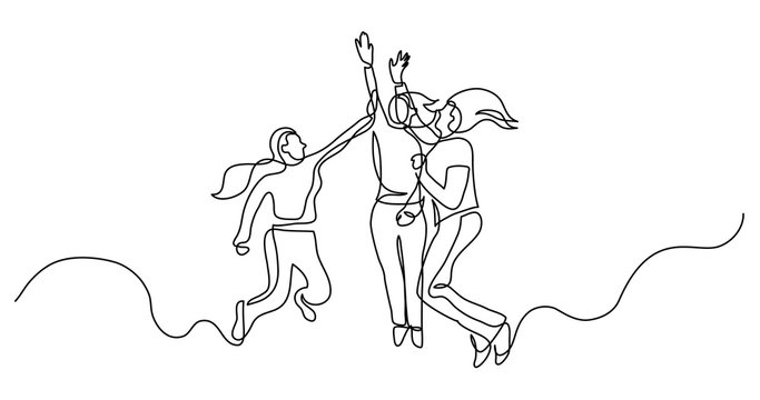 recommend clip art: continuous line drawing of group of happy women jumping giving high five