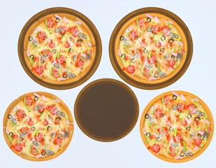 Italian food style, Top view of izza topping with mixed vegetables on wooden cutting board isolated on white background, Hand drawn of collection food concept, Great for menu, set